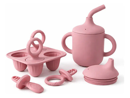 Kit Copo Tampa + Forminha Picolé Silicone Bpa Free Infantil Rosa