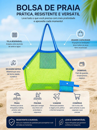 Bolsa De Praia Tela Grande Porta Brinquedos Dobrável Prática Verde-limão Lisa Azul - imagem 8