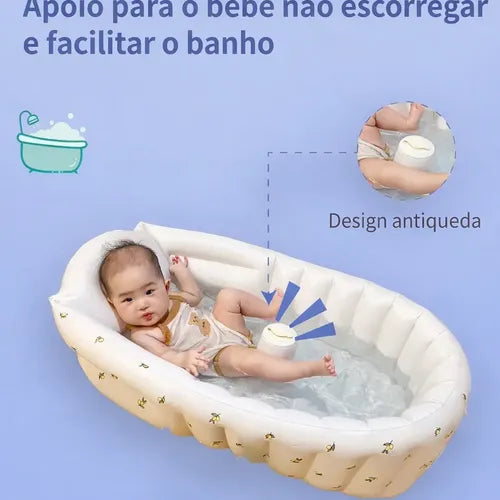 Banheira Inflável Bebê Portátil Encosto Dobrável Segurança Branco Urso - imagem 5