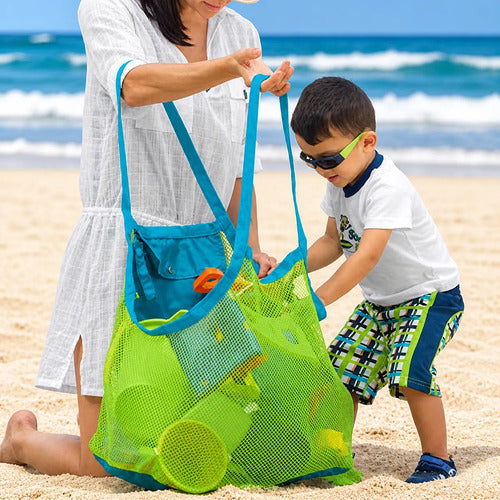Bolsa De Praia Tela Grande Porta Brinquedos Dobrável Prática Verde-limão Lisa Azul
