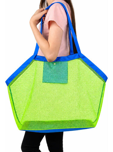 Bolsa De Praia Tela Grande Porta Brinquedos Dobrável Prática Verde-limão Lisa Azul - imagem 3
