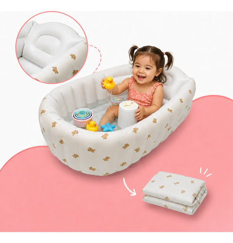 Banheira Inflável Bebê Portátil Encosto Dobrável Segurança Branco Urso