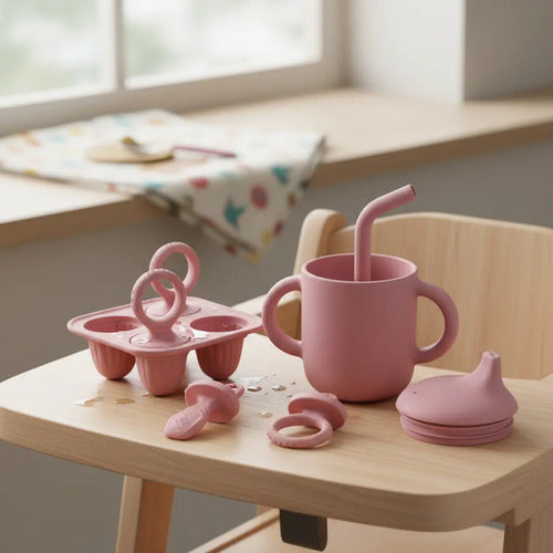 Kit Copo Tampa + Forminha Picolé Silicone Bpa Free Infantil Rosa - imagem 9