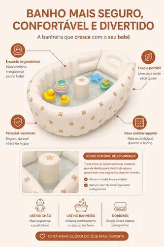 Banheira Inflável Bebê Portátil Encosto Dobrável Segurança Branco Urso - imagem 3