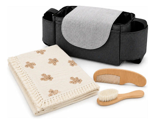 Kit Passeio Bebê Organizado Bolsa Manta Escova Pente Premium Preto