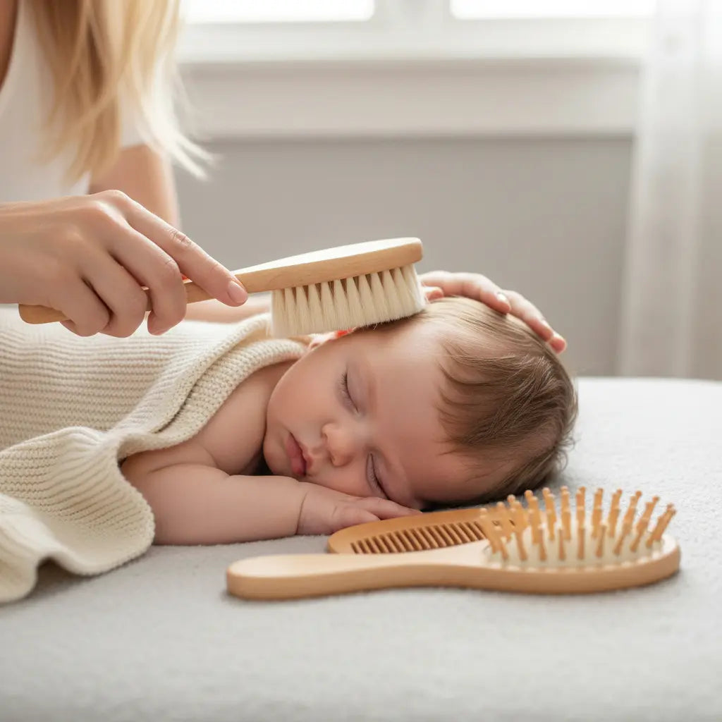 Kit 3 Escova e Pente Bebê Madeira Cerdas Naturais Anti Frizz Minizen