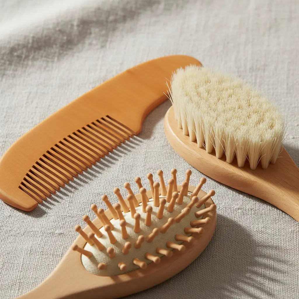Kit 3 Escova e Pente Bebê Madeira Cerdas Naturais Anti Frizz Minizen