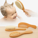 Kit 3 Escova e Pente Bebê Madeira Cerdas Naturais Anti Frizz Minizen