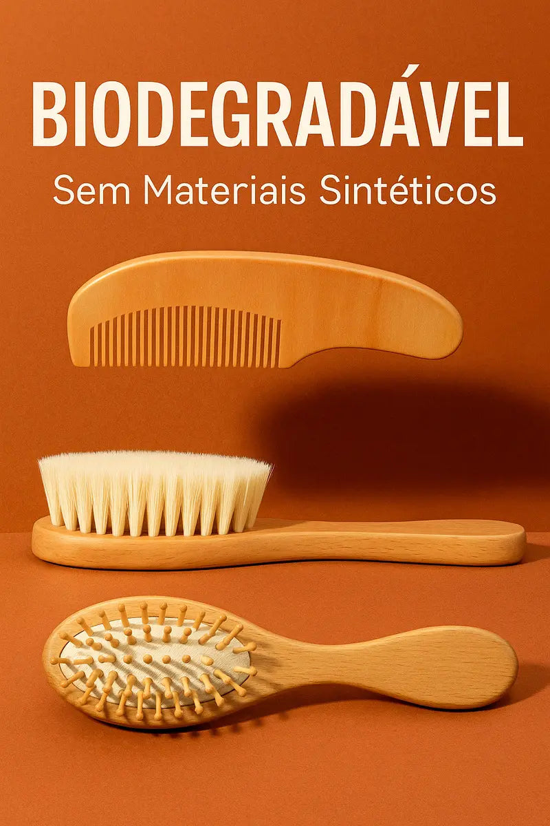 Kit 3 Escova e Pente Bebê Madeira Cerdas Naturais Anti Frizz Minizen