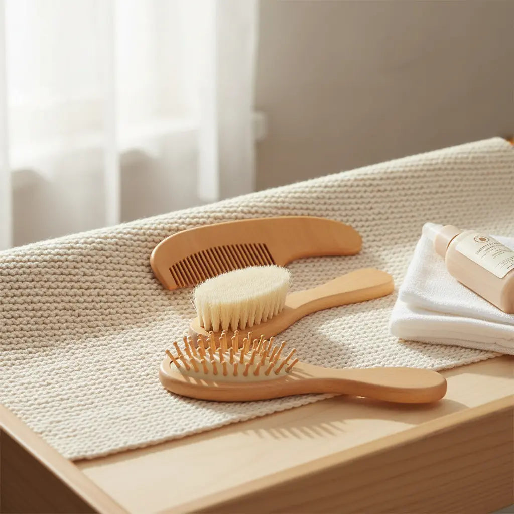 Kit 3 Escova e Pente Bebê Madeira Cerdas Naturais Anti Frizz Minizen