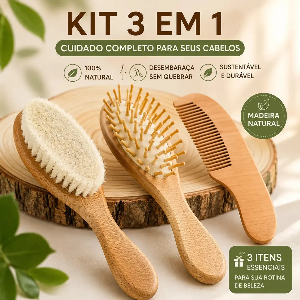 Kit 3 Escova e Pente Bebê Madeira Cerdas Naturais Anti Frizz Minizen