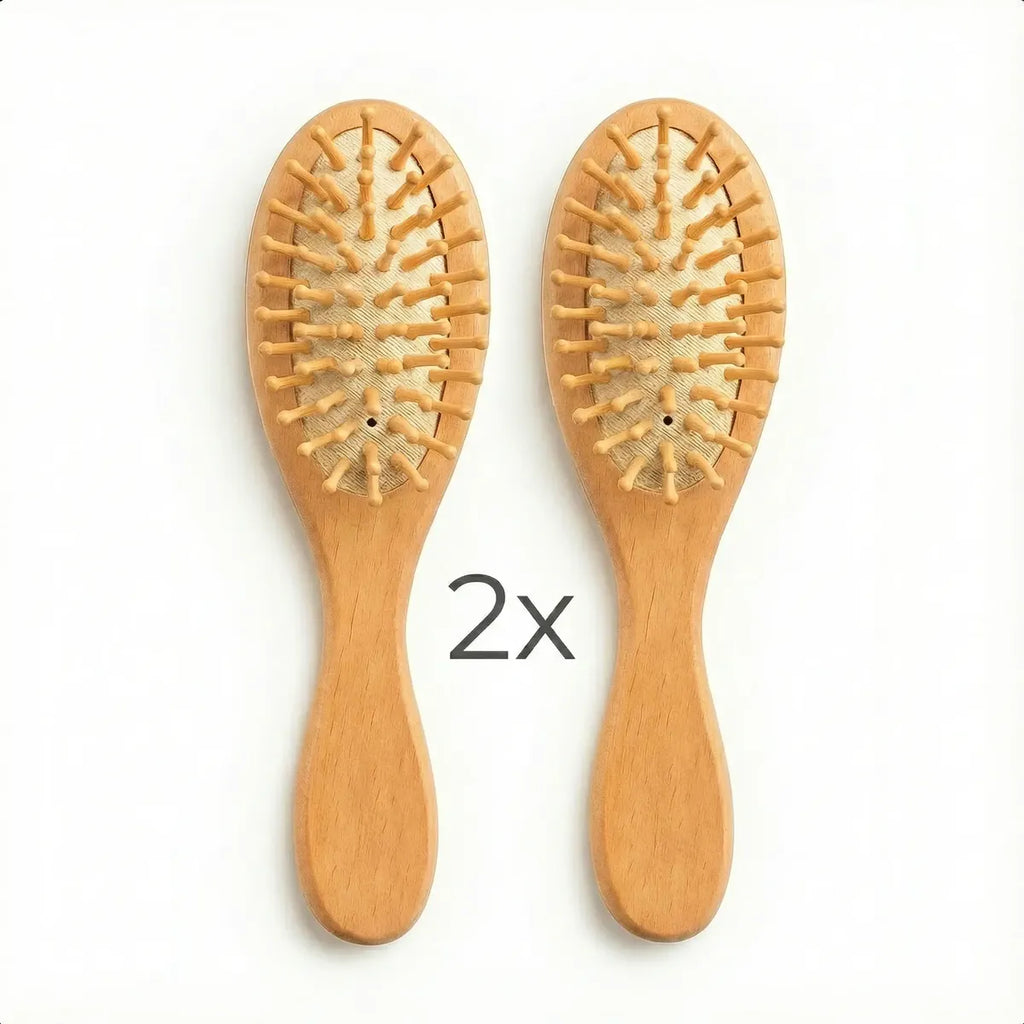 Kit 2x Mini Escovinha Bolsa Portátil Madeira Antifrizz
