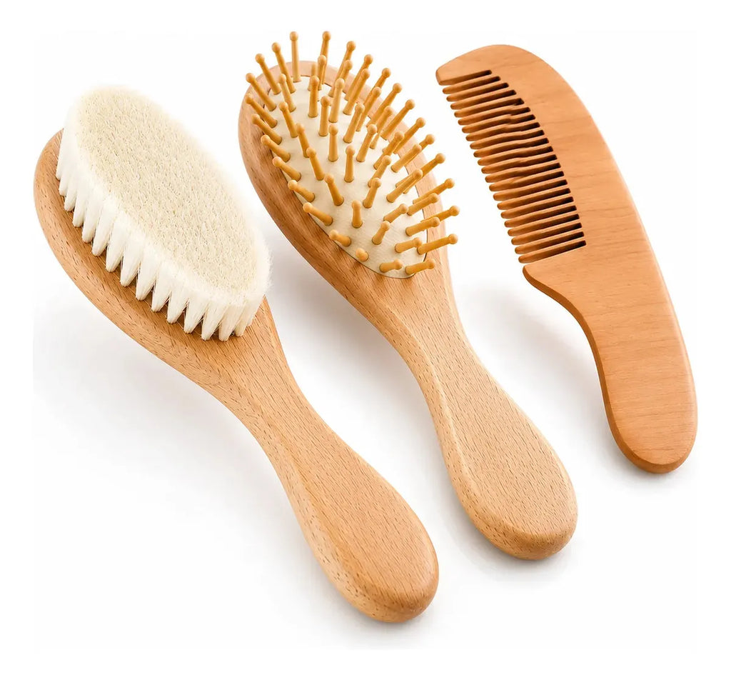 Kit 3 Escova e Pente Bebê Madeira Cerdas Naturais Anti Frizz Minizen