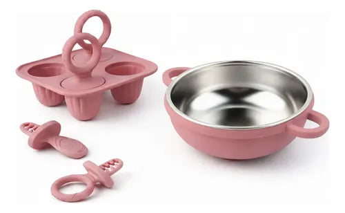 Kit Tigela Inox + Forminha Picolé Silicone Bpa Free Infantil