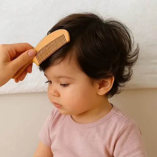 Kit Escova E Pente De Madeira Bebê Cerdas Macias Natural