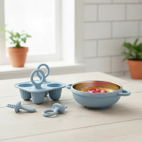 Kit Infantil Tigela Inox + Forminha Picolé Silicone Bpa Free