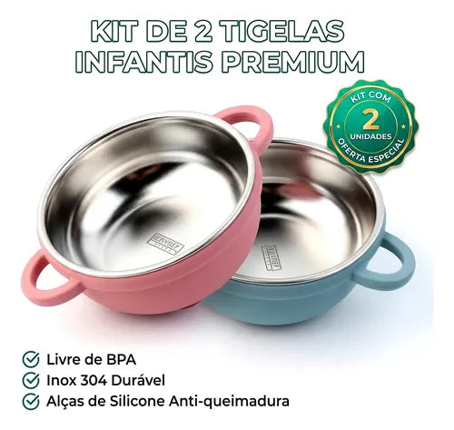 Kit 2x Tigelas Prato Infantil Inox Silicone Ventosa Premium