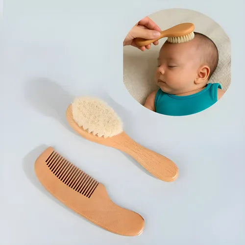 Kit Escova E Pente De Madeira Bebê Cerdas Macias Natural
