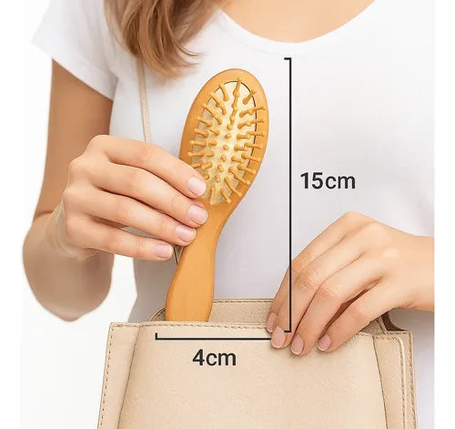 Kit 2x Mini Escovinha Bolsa Portátil Madeira Antifrizz