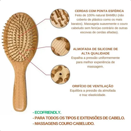 Kit 2 Escova Cabelo Bambu Anti Frizz Antiestático Ecológica
