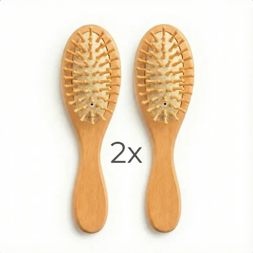 Kit 2x Mini Escovinha Bolsa Portátil Madeira Antifrizz