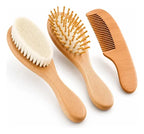 Kit 3 Escova e Pente Bebê Madeira Cerdas Naturais Anti Frizz Minizen